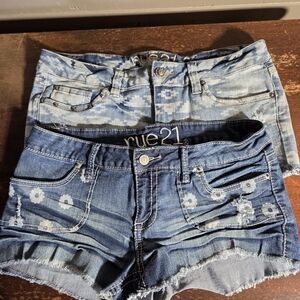 2 Pairs Rue21 Blue Distressed Jean Shorts with Frayed Hem